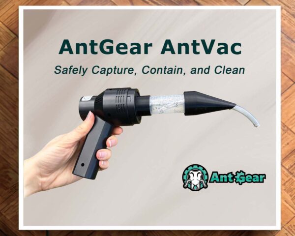 Hand holds a black handheld AntVac tool with a curved nozzle and clear wrap in the middle, logo 'AntGear' at bottom right, product marketing image.