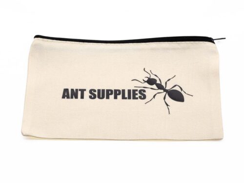 Beige zip pouch with black ant graphic and the text 'ANT SUPPLIES' printed on it